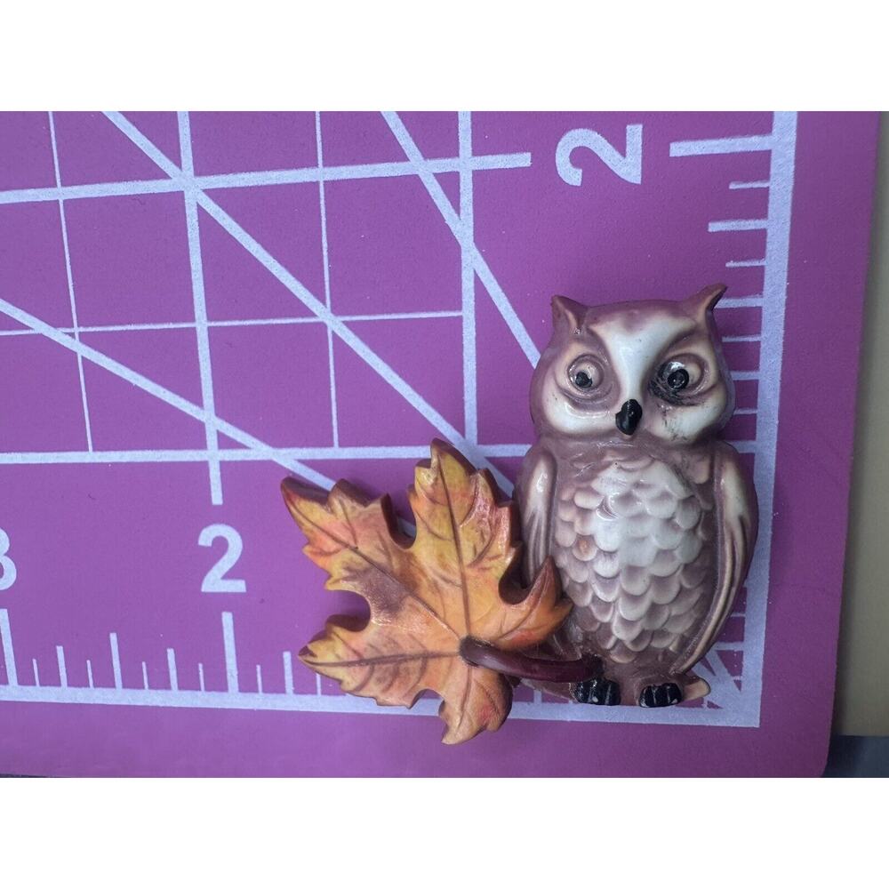 Vintage 1940s Celluloid Owl Pin Layered 3D Brooch Quirky Jewelry Autumn‎ Leaf - Picture 7 of 8